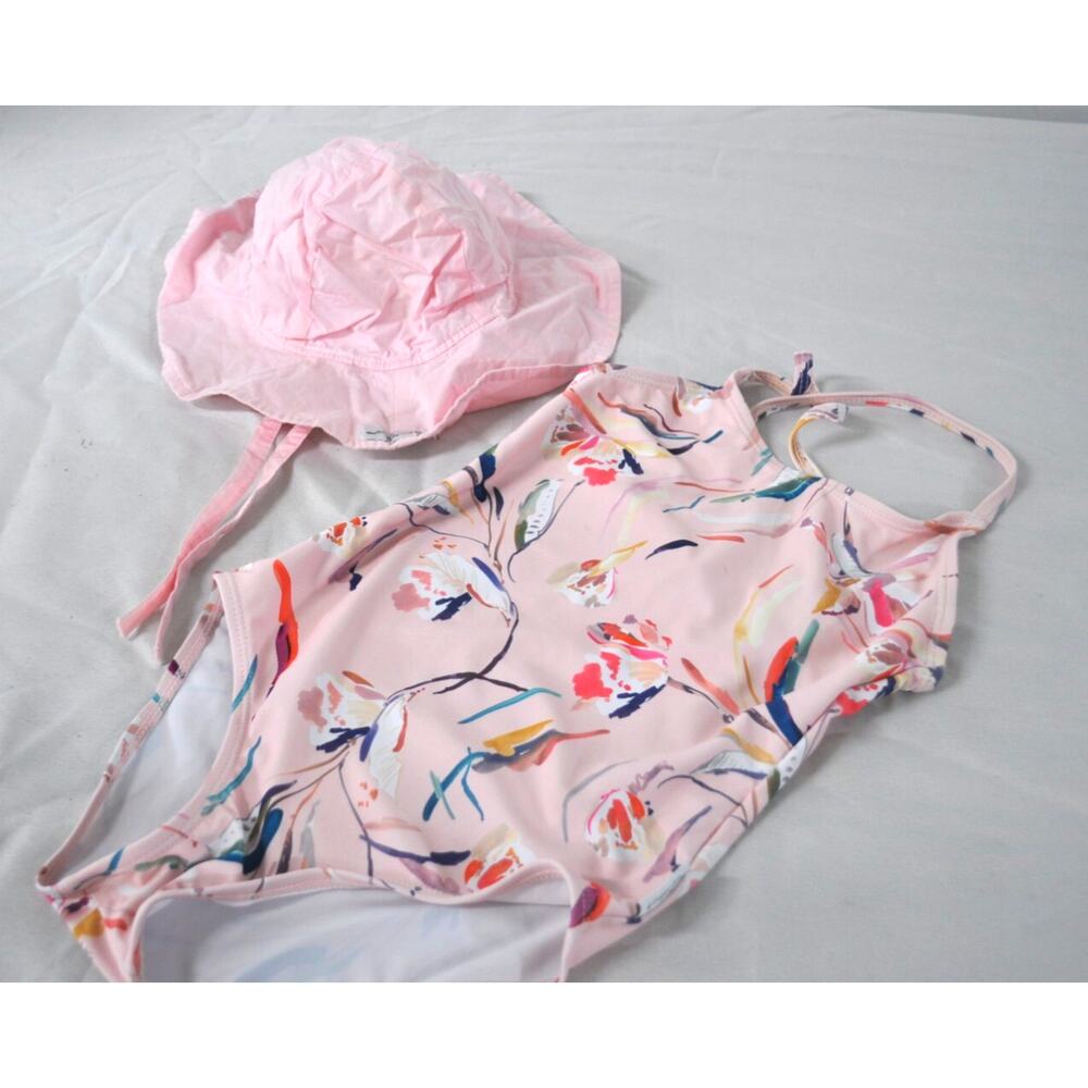 Gingerlilly Swimsuit Girls Size 6 Pink Floral Design & Pink Sunhat by Flaphappy
